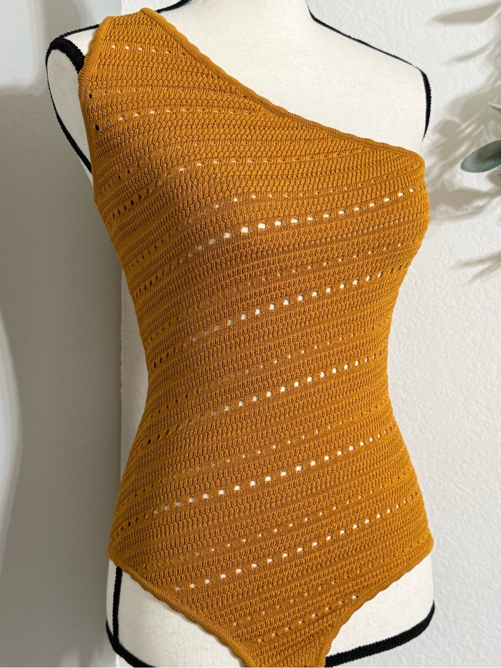 Ronny Kobo Crochet Knit One Shoulder Bodysuit